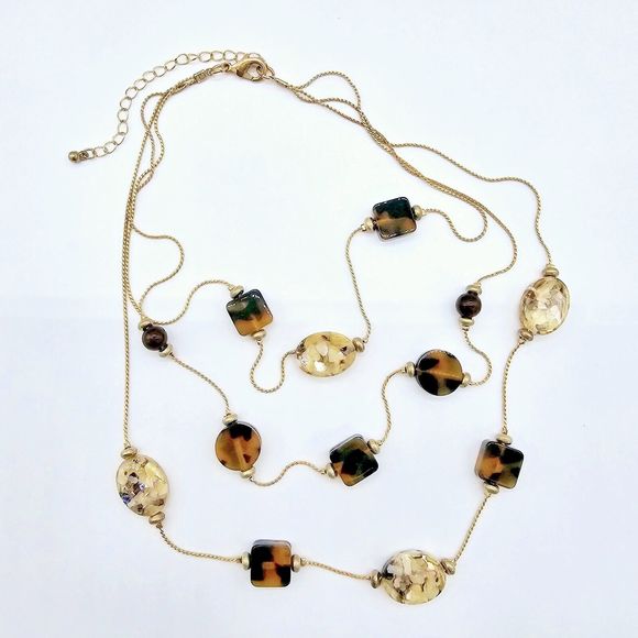 Abalone Chip Station Necklace Faux Tortoise MOP Multi Layer Statement Jewelry - Picture 6 of 10